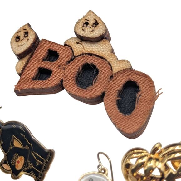 Halloween Boo Black Cat Jack-o-Lantern Pins & Ghost Dangling Earrings - Picture 2 of 6
